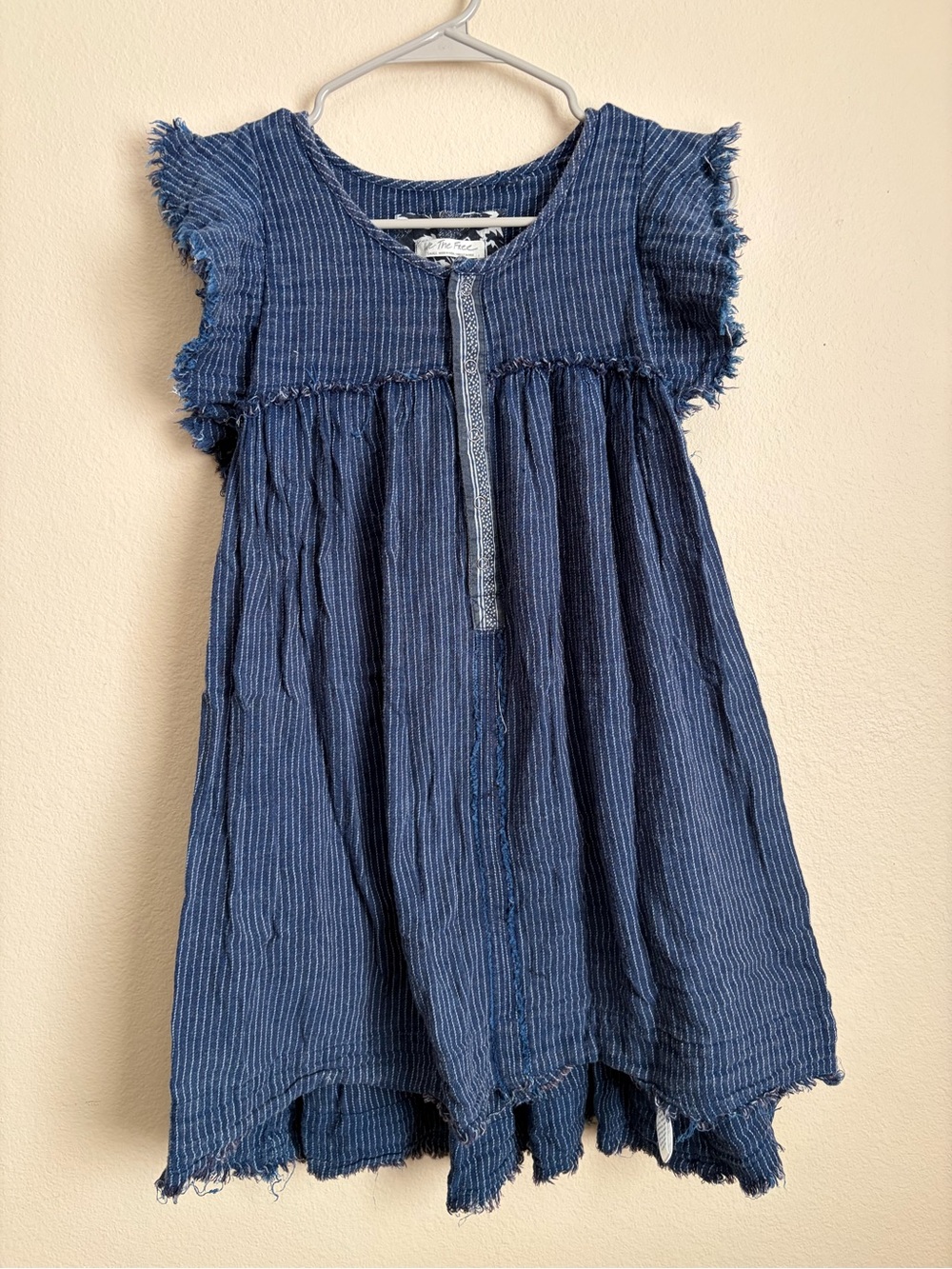 We The Free Indigo Blue Pinstripe Frayed-Sleeve Blouse Free People